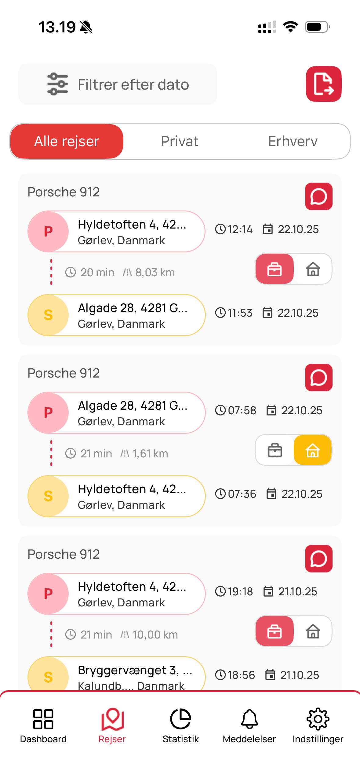 Smartphone-Ansicht eines elektronischen Fahrtenbuchs